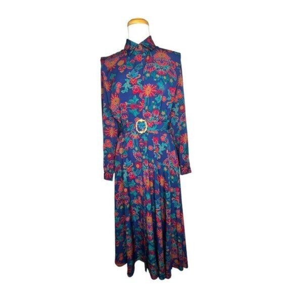 Schrader Long Sleeve 80s Floral Shirt Belted Dress With Jewel Button Cuffs Sz 8 - Picture 7 of 16